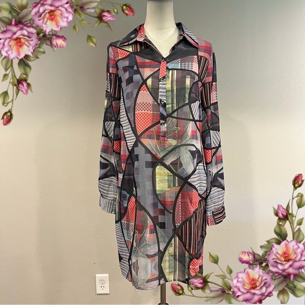 Smash Colorful Geometric Print sheer Shirt Dress size extra small‎